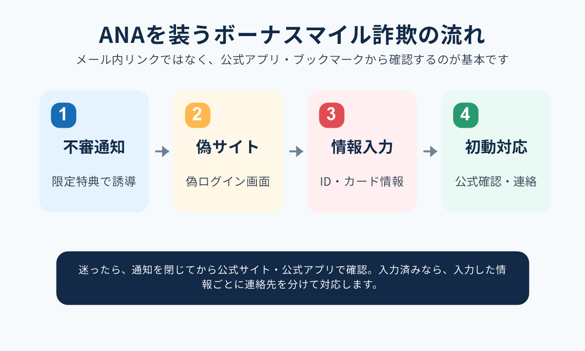 ANAを装うボーナスマイル詐欺で不審通知から偽サイト、情報入力、初動対応へ進む流れ図