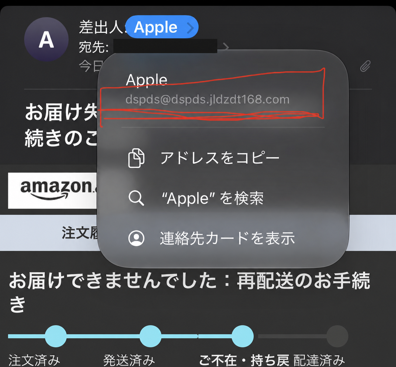 Appleと表示された差出人の詳細を開くと別のメールアドレスが表示される画面
