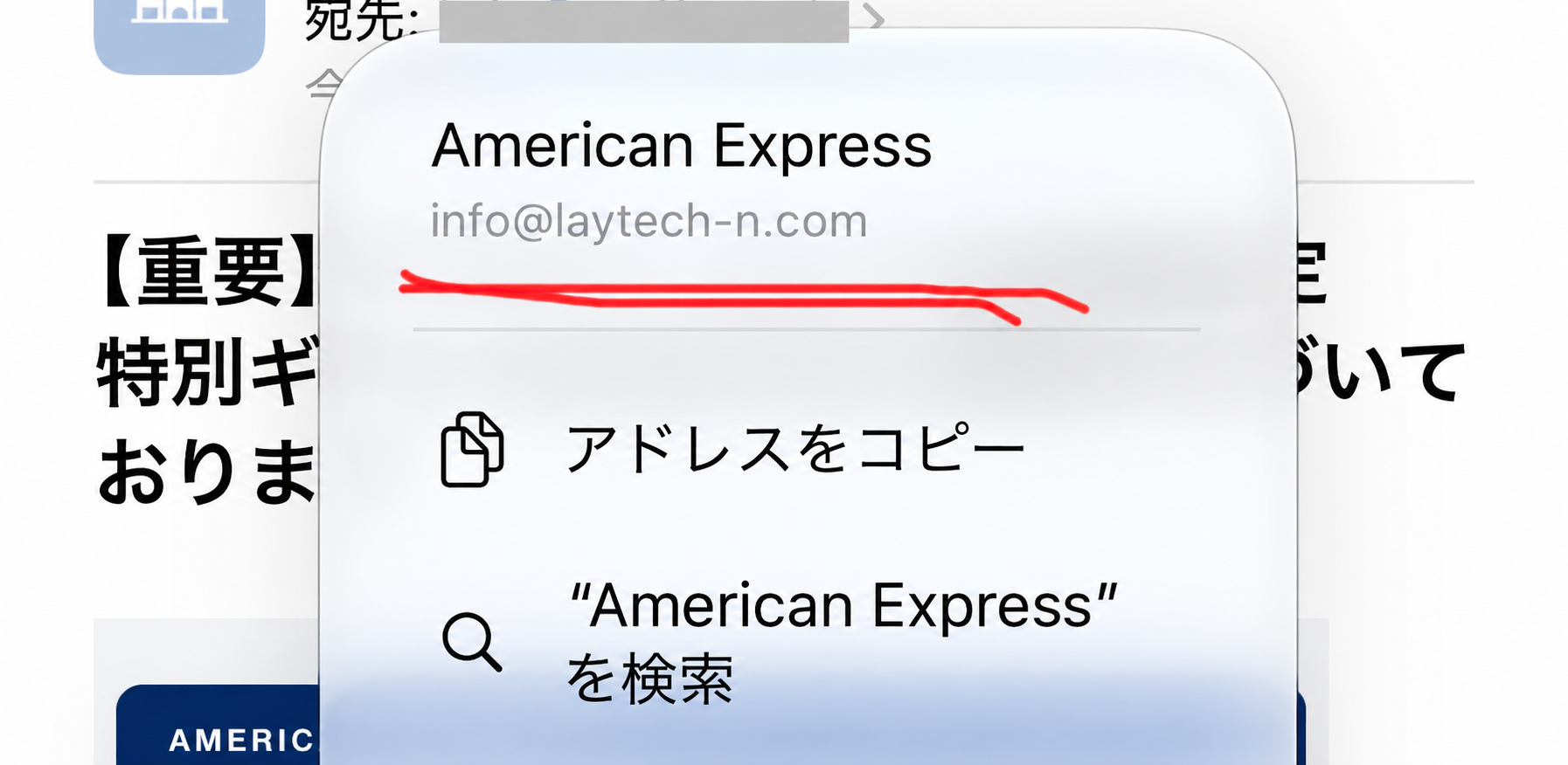 差出人名American Expressに対し、アドレスはinfo@laytech-n.comと表示された画面の加工版。宛先を伏せている